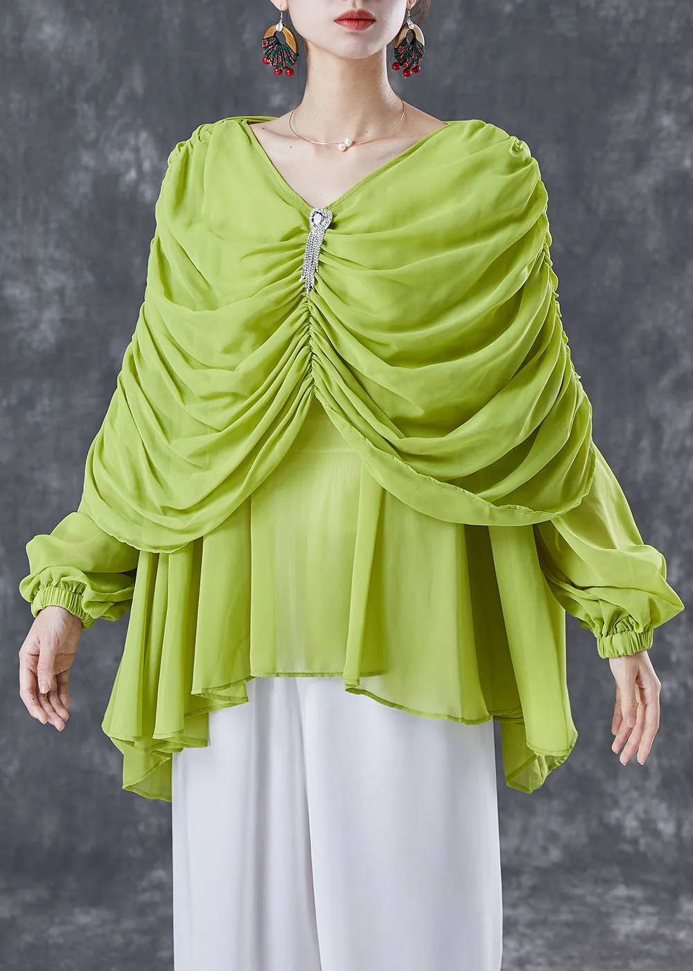 Grass Green Chiffon Blouses V Neck Wrinkled Summer TA1020