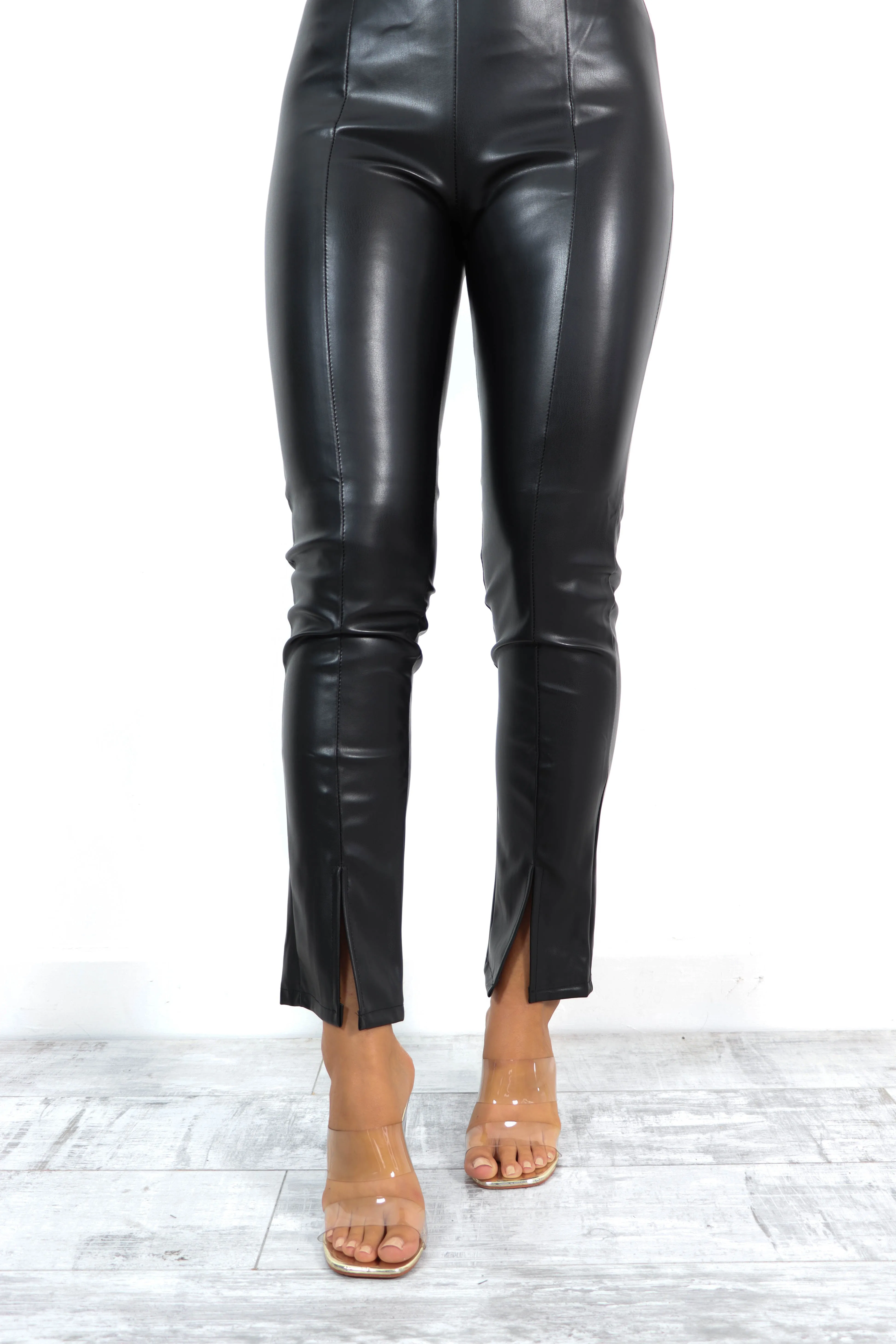 Its Now Or Leather - Black Split Leg Faux Leather Trousers