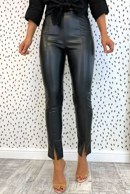 Its Now Or Leather - Black Split Leg Faux Leather Trousers