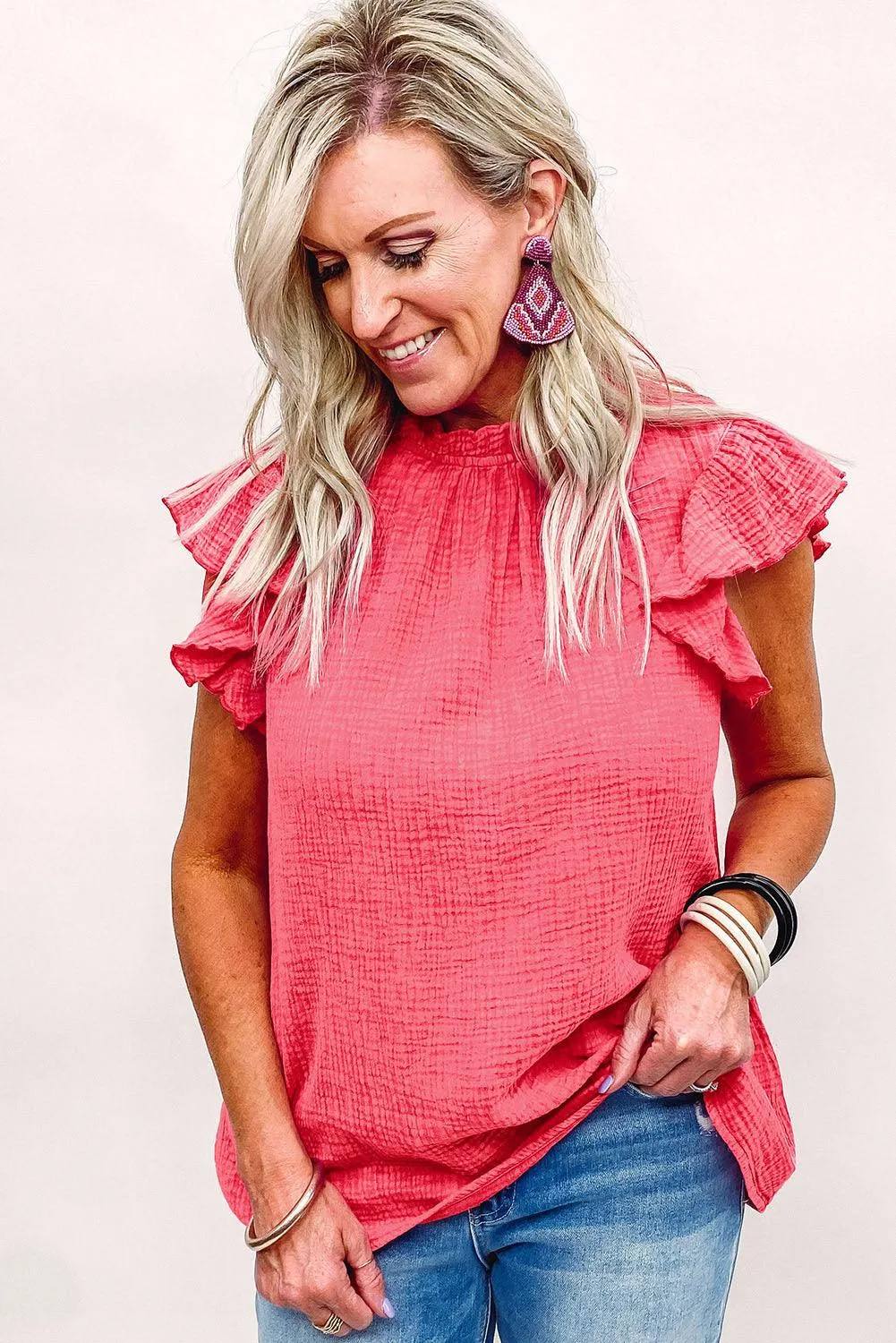 Jenna Crinkled Ruffle Casual Blouse