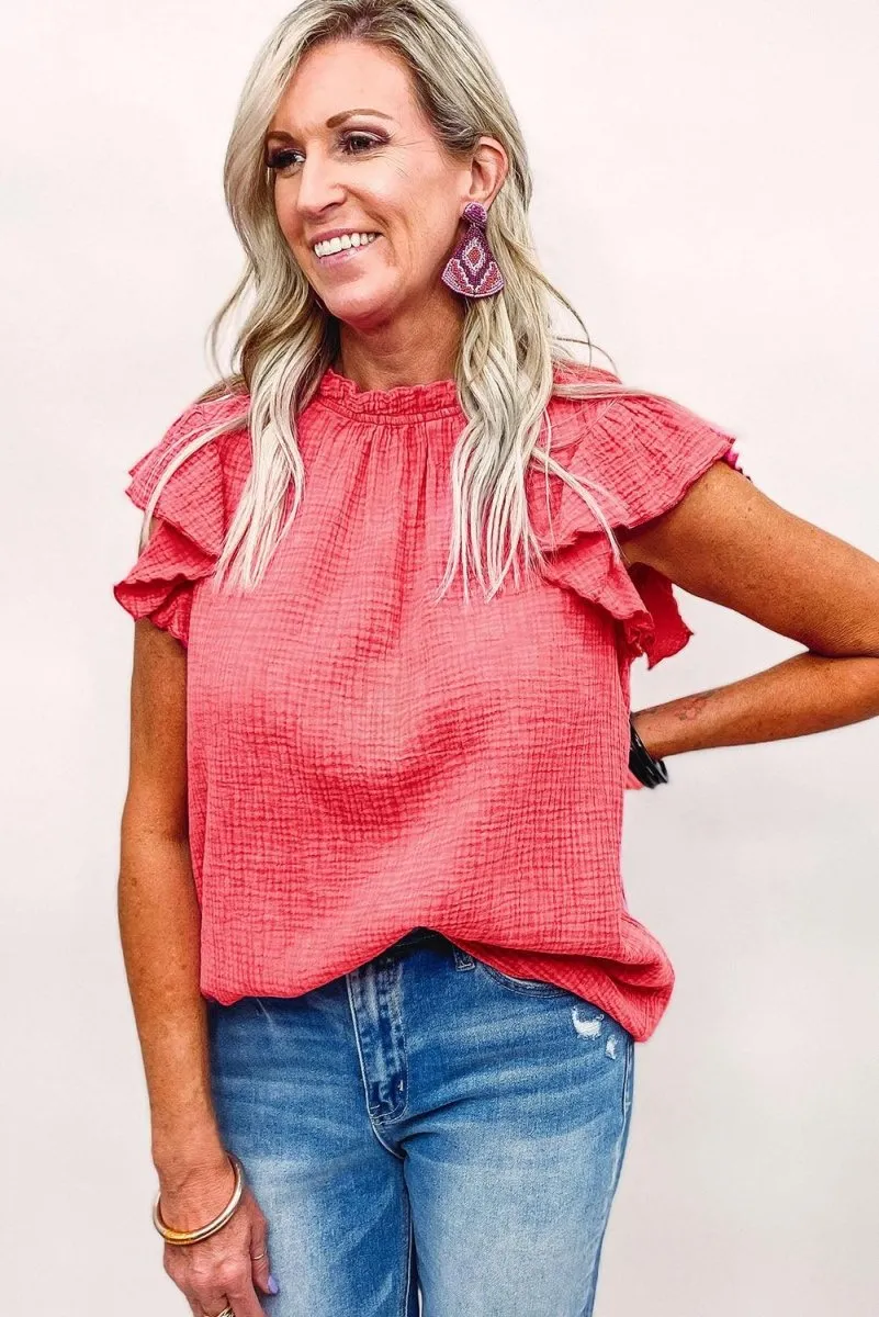 Jenna Crinkled Ruffle Casual Blouse