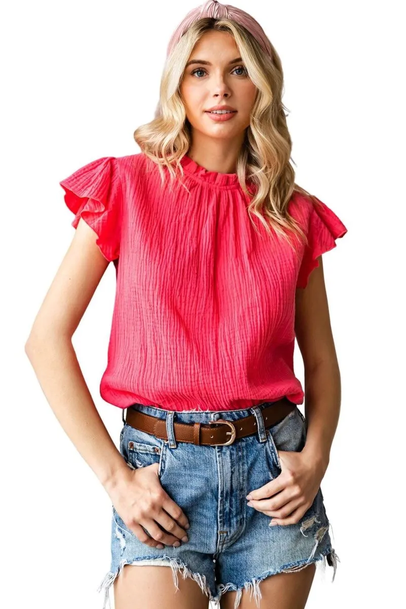 Jenna Crinkled Ruffle Casual Blouse