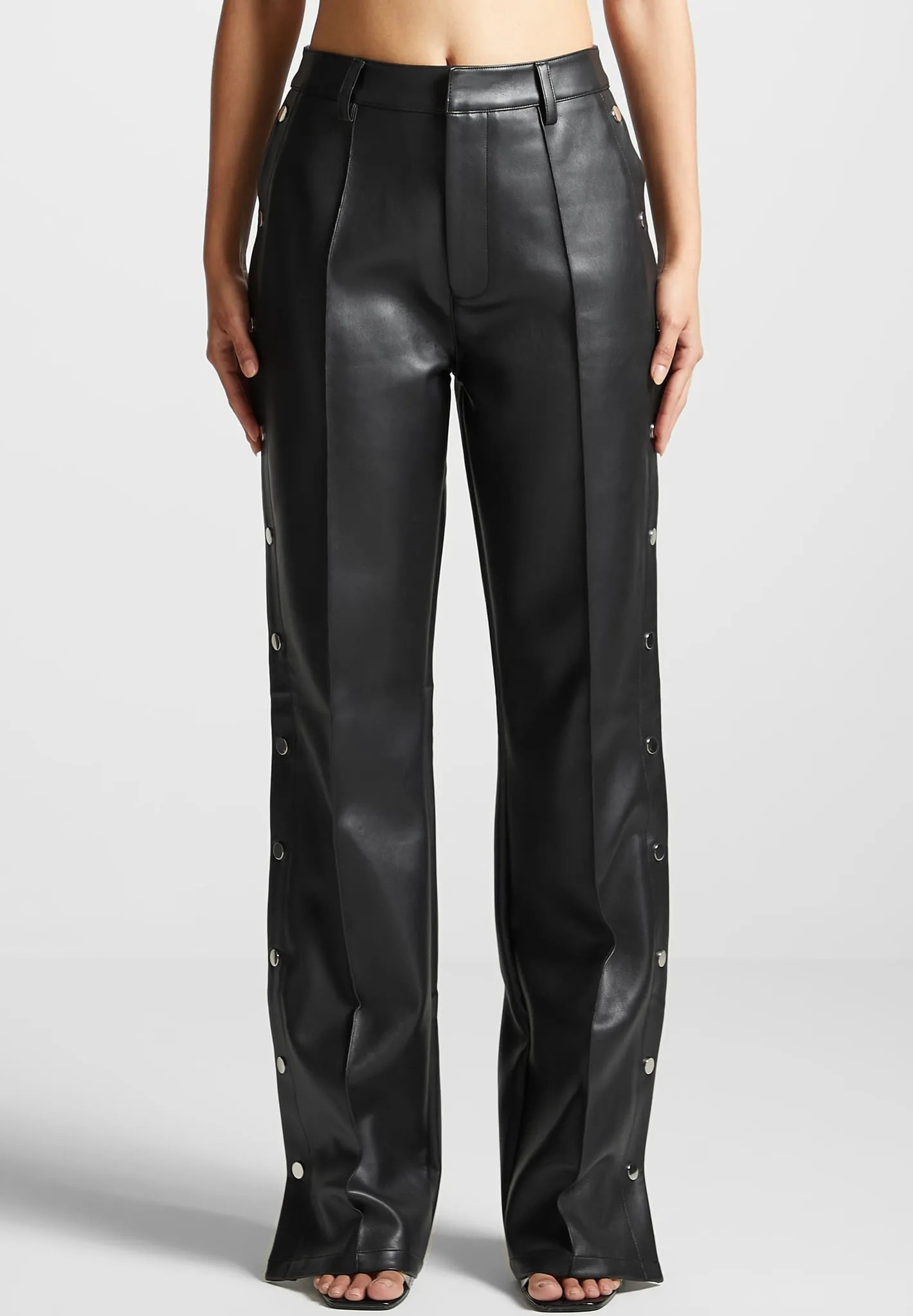 Leather Pintuck Popper Trousers - Black