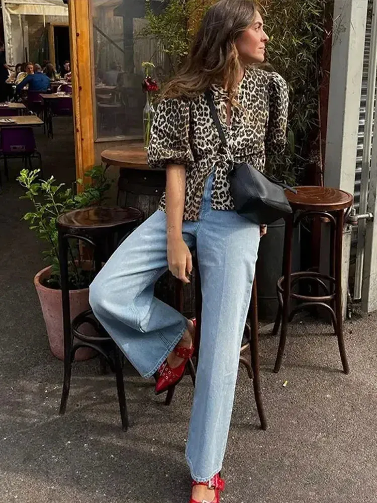 Leopard Bubble Loose Fluffy Casual Shirt Blouse