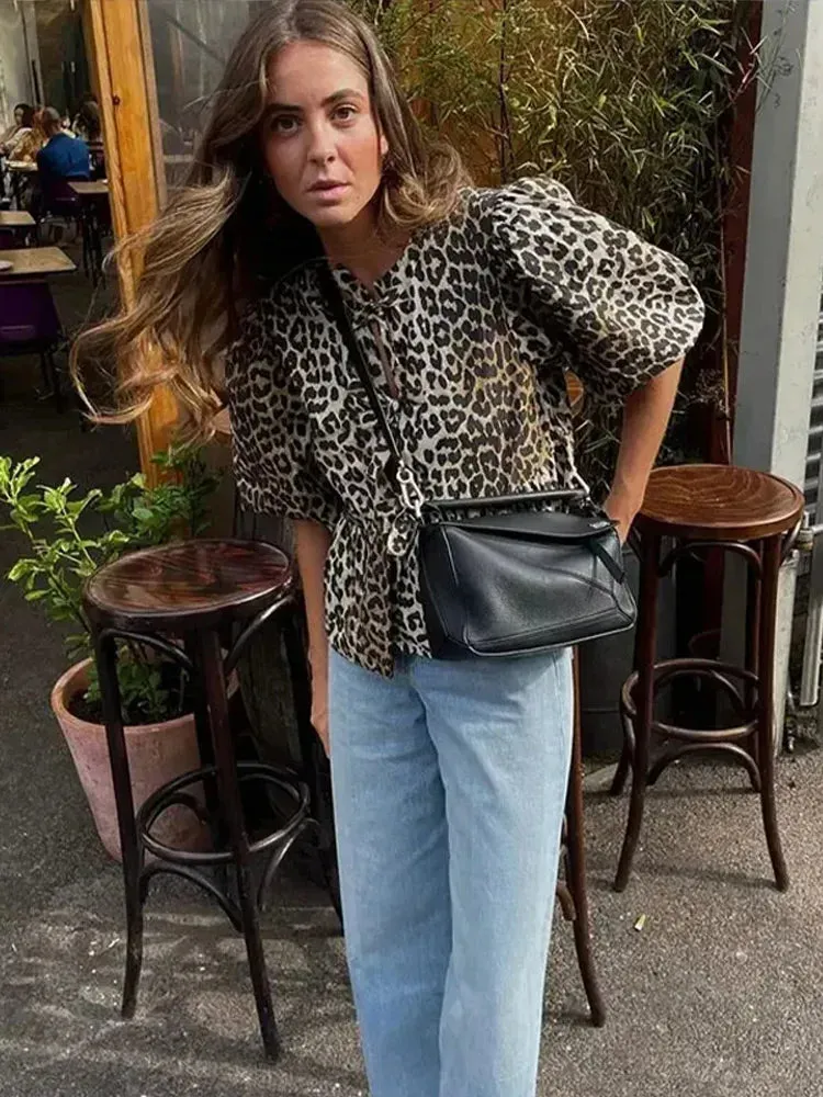 Leopard Bubble Loose Fluffy Casual Shirt Blouse