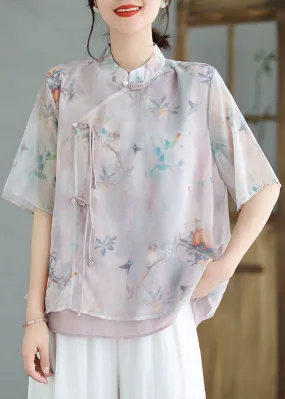 Light Purple Patchwork Cotton Blouses Tasseled Chinese Button Summer LY3969