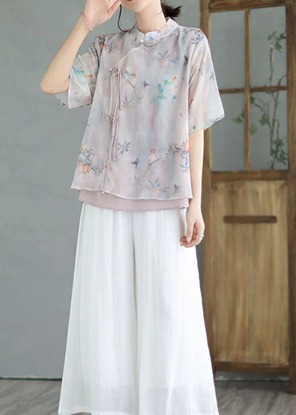 Light Purple Patchwork Cotton Blouses Tasseled Chinese Button Summer LY3969