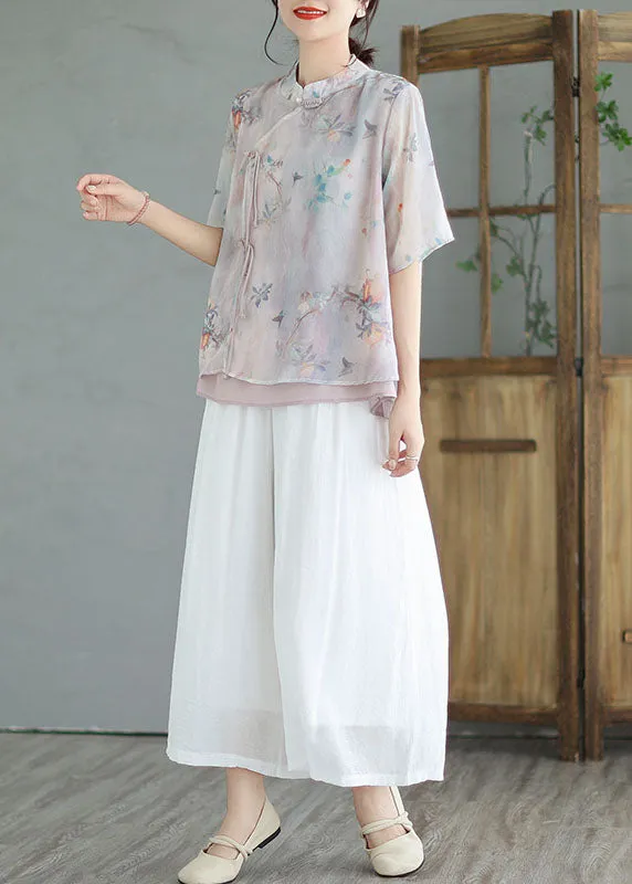 Light Purple Patchwork Cotton Blouses Tasseled Chinese Button Summer LY3969