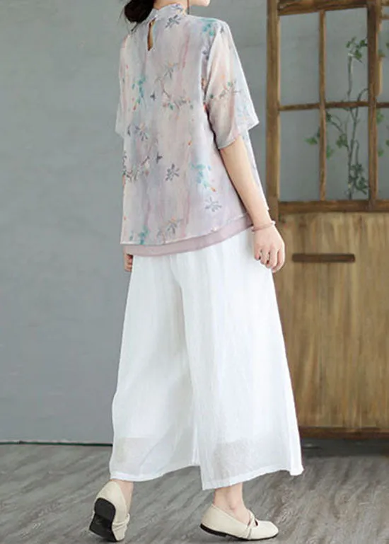 Light Purple Patchwork Cotton Blouses Tasseled Chinese Button Summer LY3969