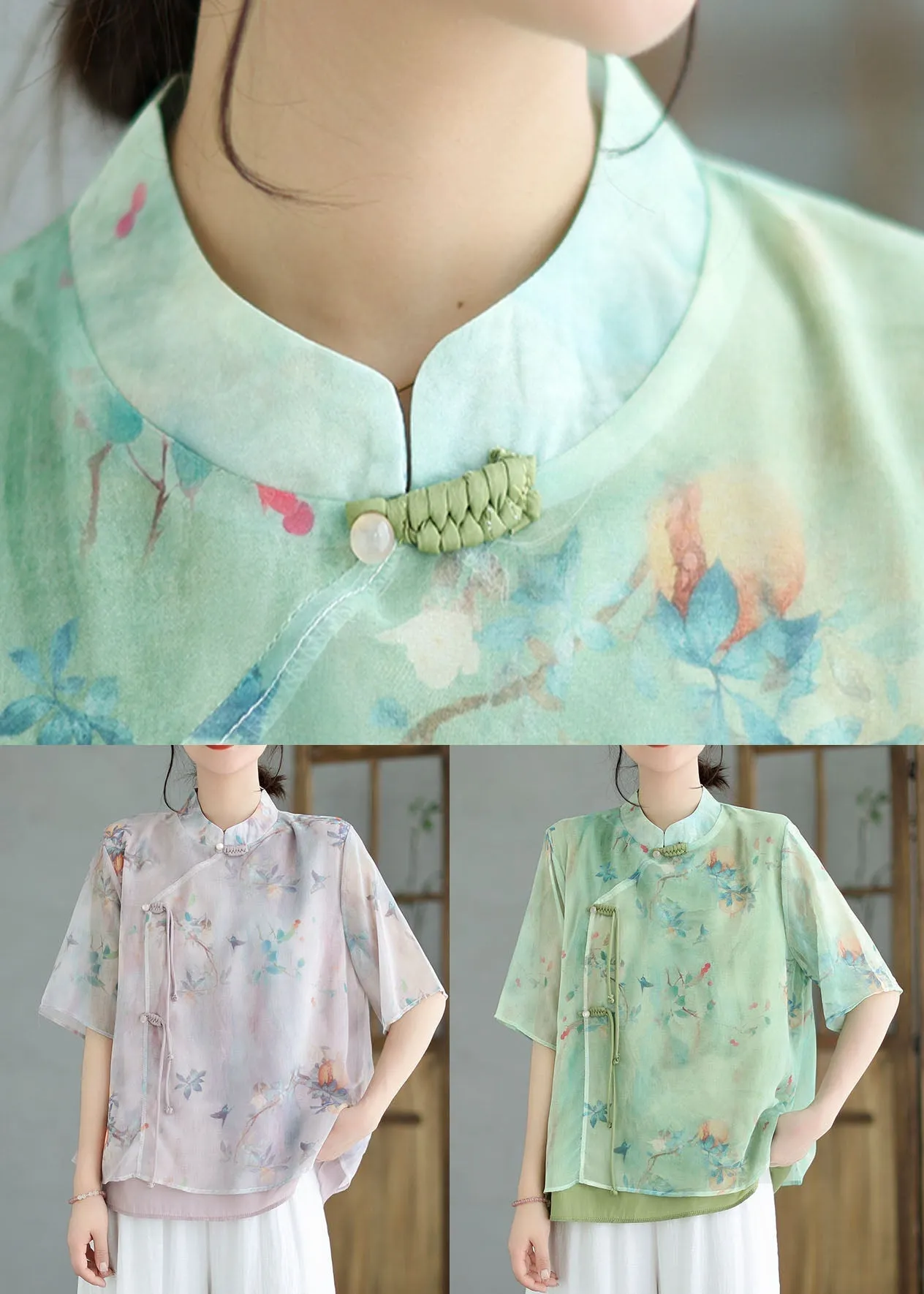 Light Purple Patchwork Cotton Blouses Tasseled Chinese Button Summer LY3969