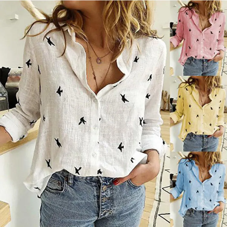 Loose button printed long-sleeved shirt