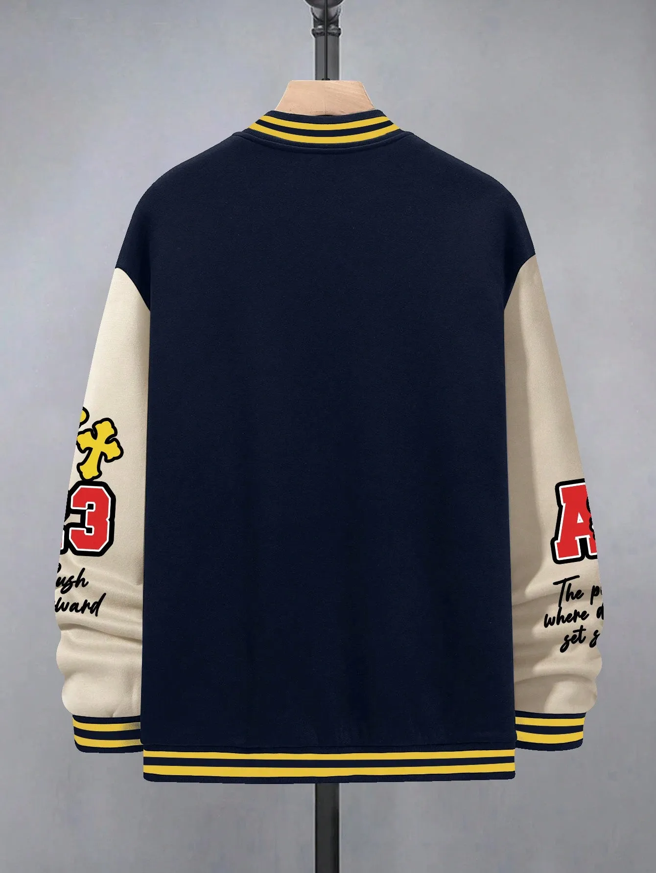 Manfinity EMRG Oversized Men's Cartoon & Letter Graphic Striped Trim Color Block Varsity Jacket