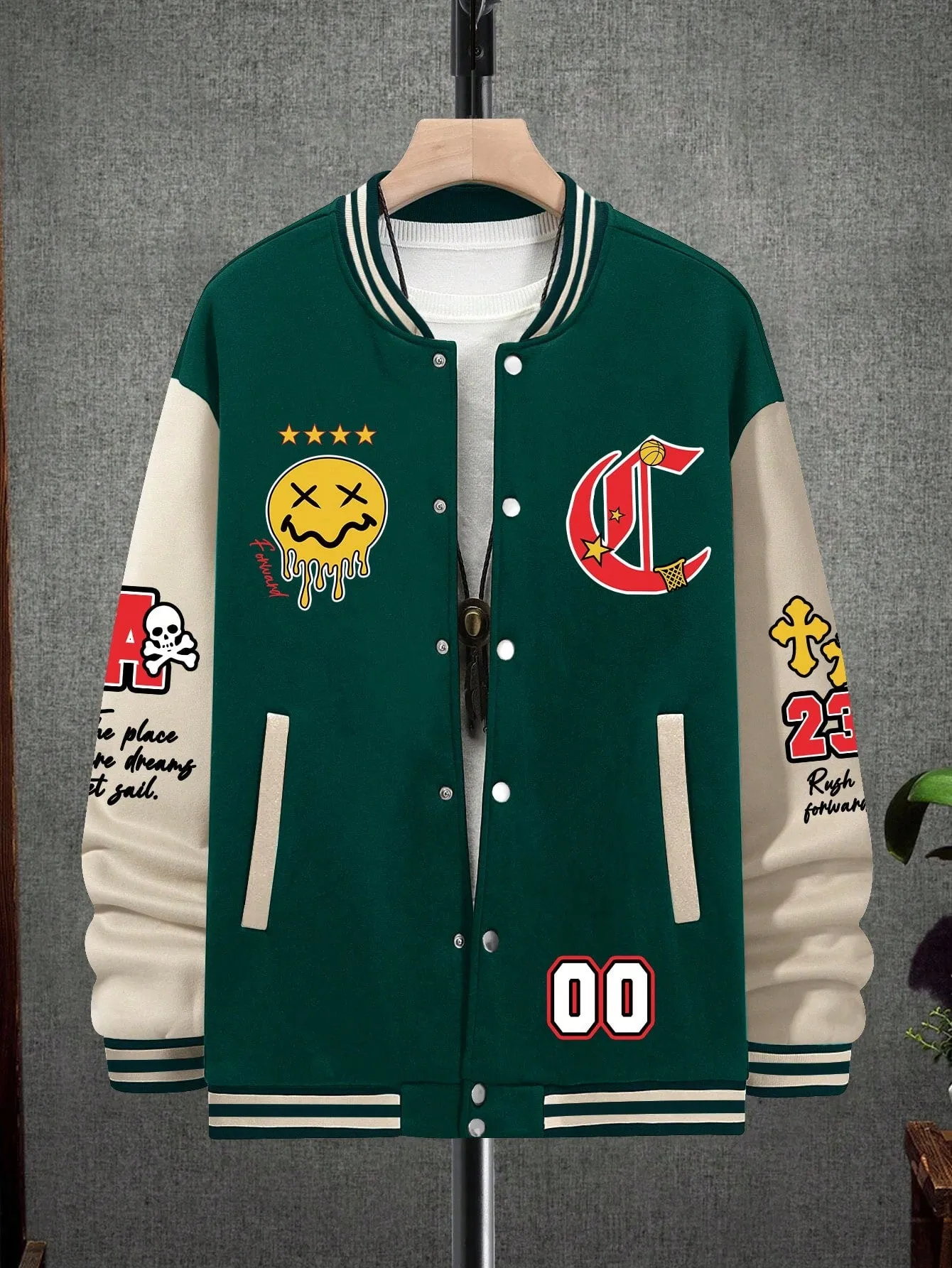 Manfinity EMRG Oversized Men's Cartoon & Letter Graphic Striped Trim Color Block Varsity Jacket