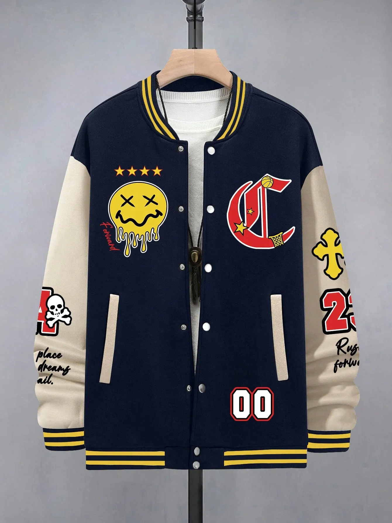 Manfinity EMRG Oversized Men's Cartoon & Letter Graphic Striped Trim Color Block Varsity Jacket