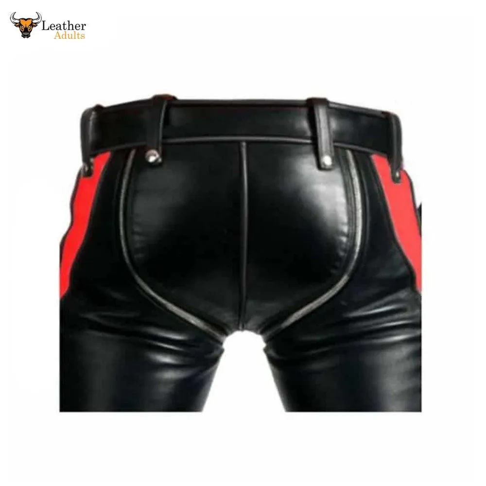 Mens Black Cowhide Leather Bondage Jeans With Red Contrast BLUF Breeches Trousers