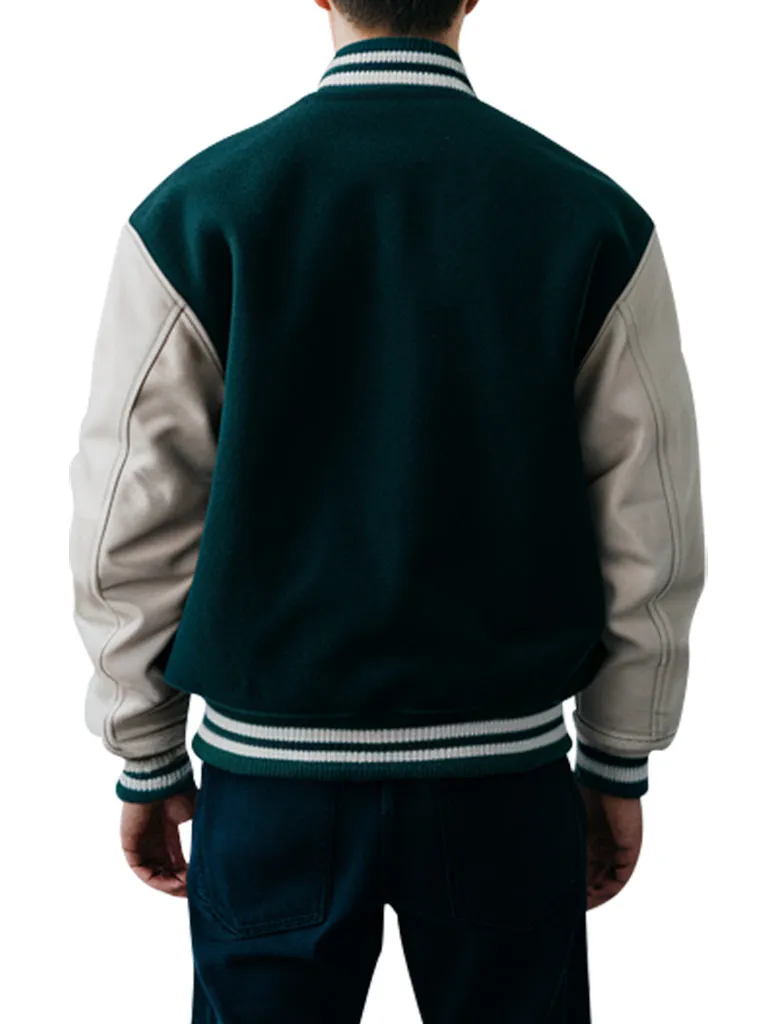 Men's Green Tide Varsity Jacket With Beige Sleeves