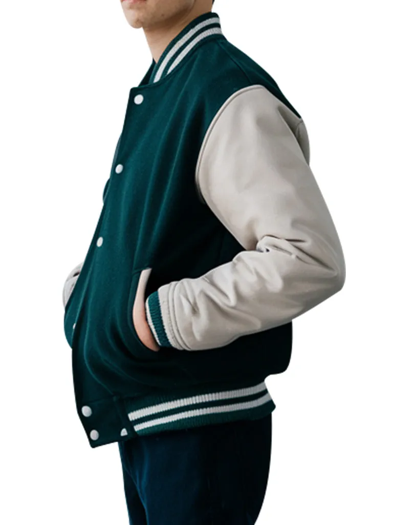 Men's Green Tide Varsity Jacket With Beige Sleeves