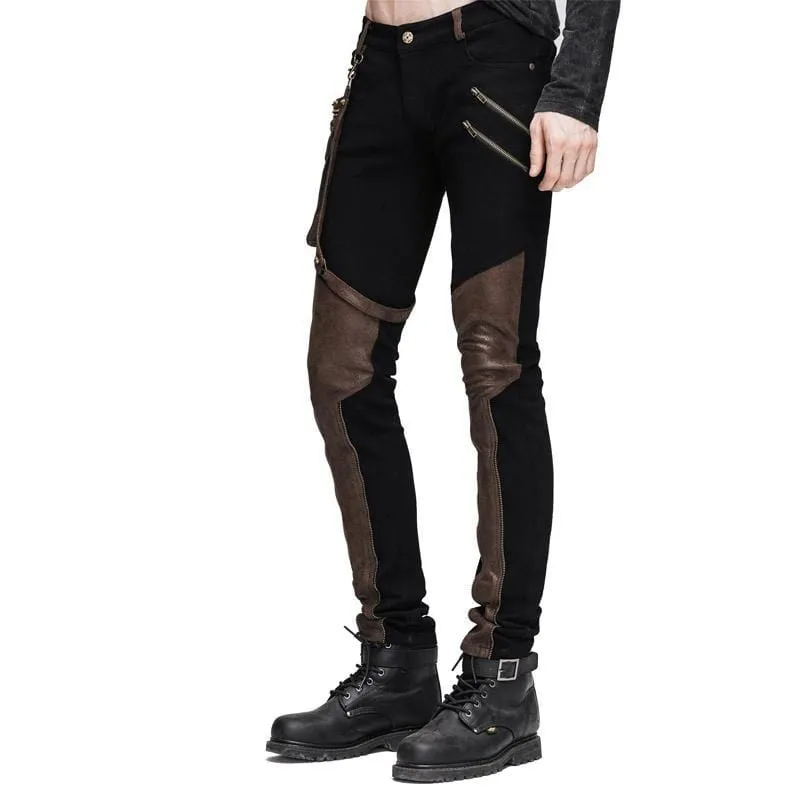 Men's Punk Style Trousers With Faux Leather Patches