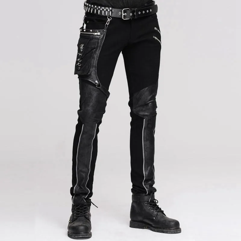 Men's Punk Style Trousers With Faux Leather Patches