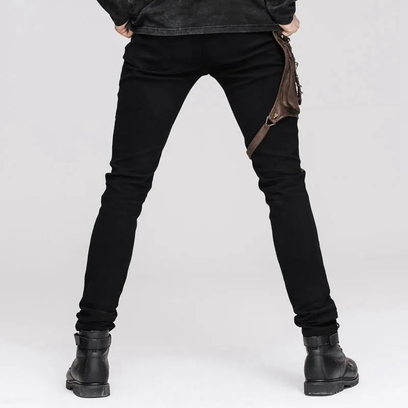 Men's Punk Style Trousers With Faux Leather Patches