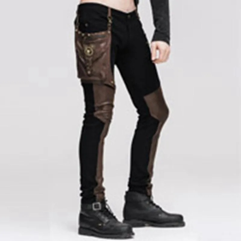 Men's Punk Style Trousers With Faux Leather Patches