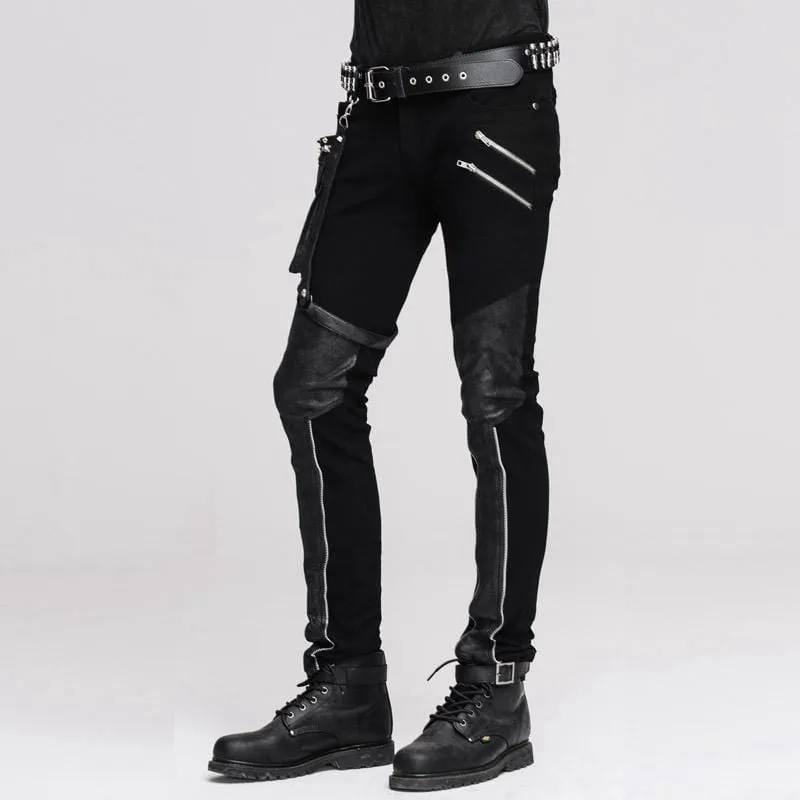 Men's Punk Style Trousers With Faux Leather Patches