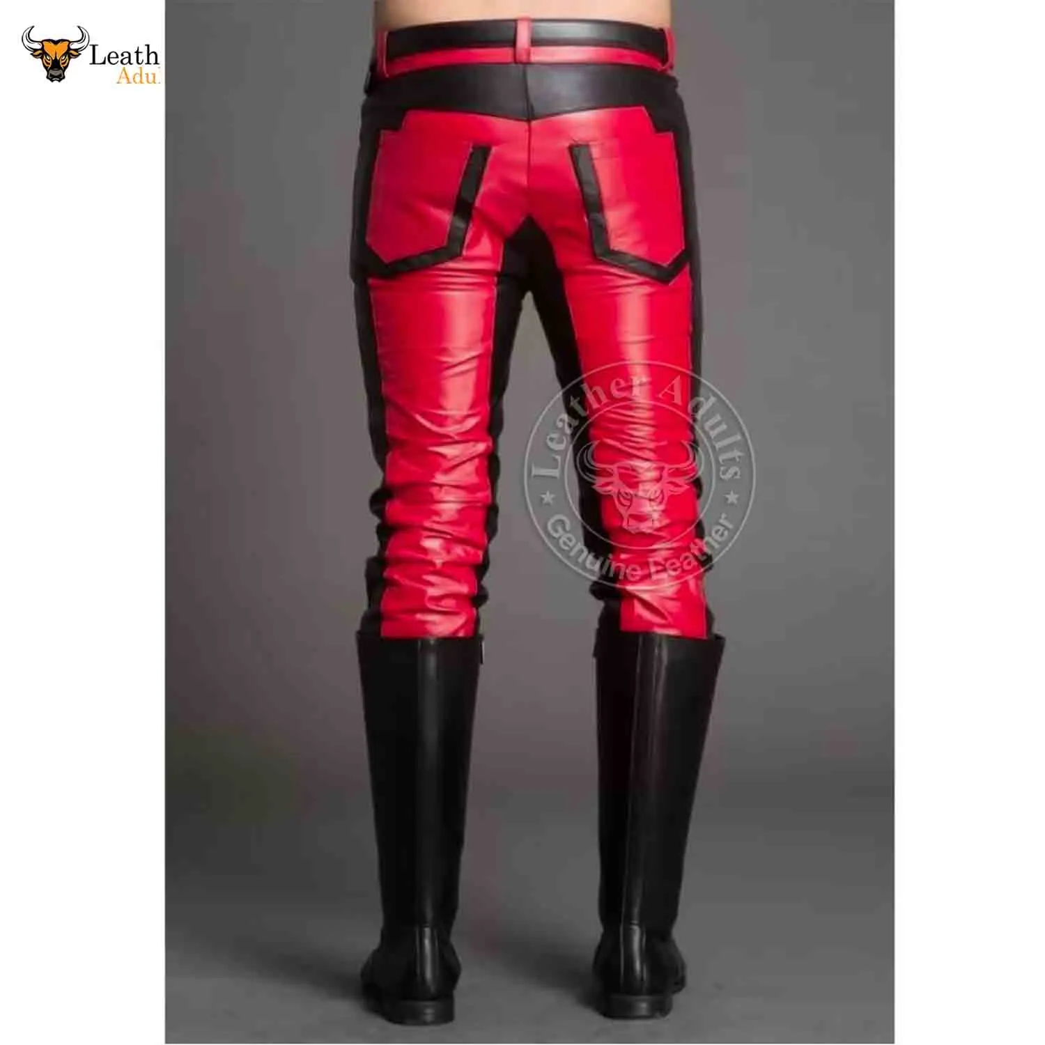 Mens Real Cowhide Leather Black and Red Contrast Leather Pants Motorcycle Pants Trousers Jeans