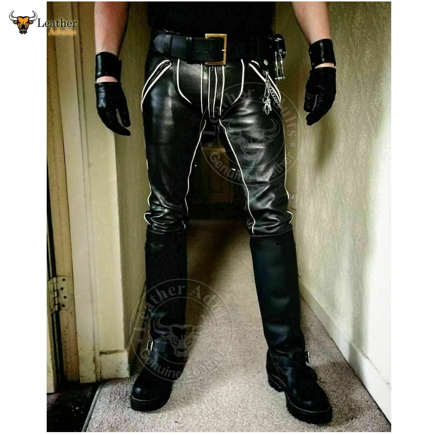 Men's Real Cowhide Leather Double Zip GAY Pants Trousers Bikers Jeans