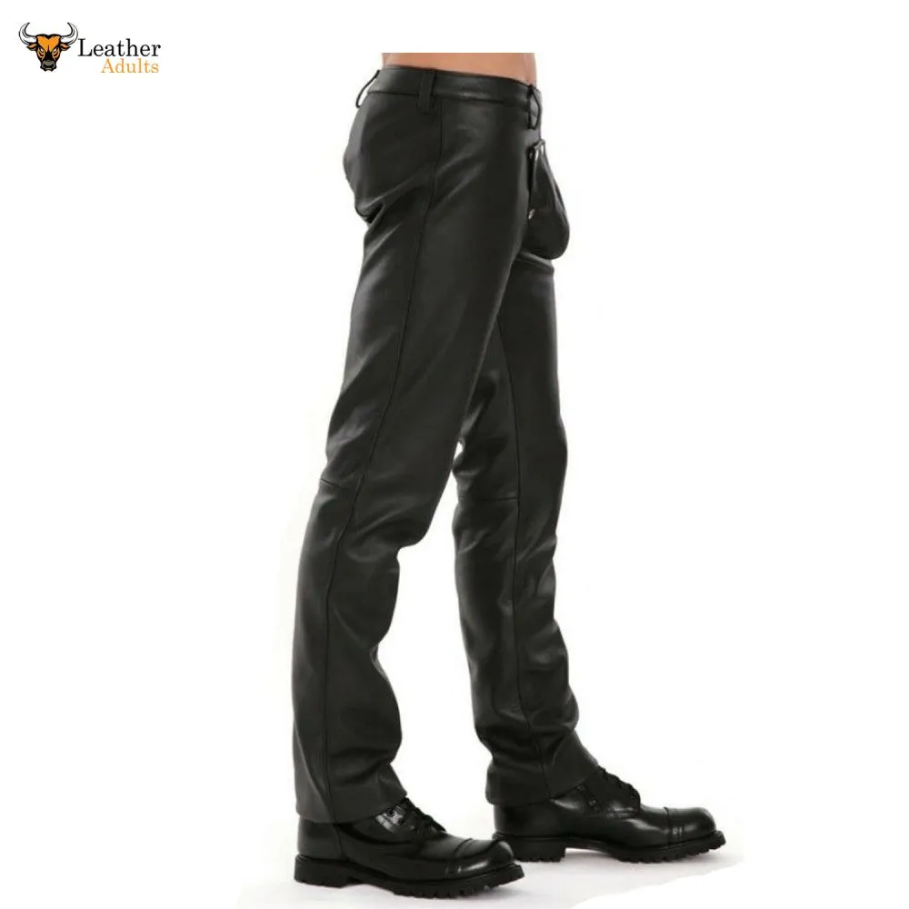 Men's Real Leather Bikers Pants Leather Pants With Detachable Front Codpiece