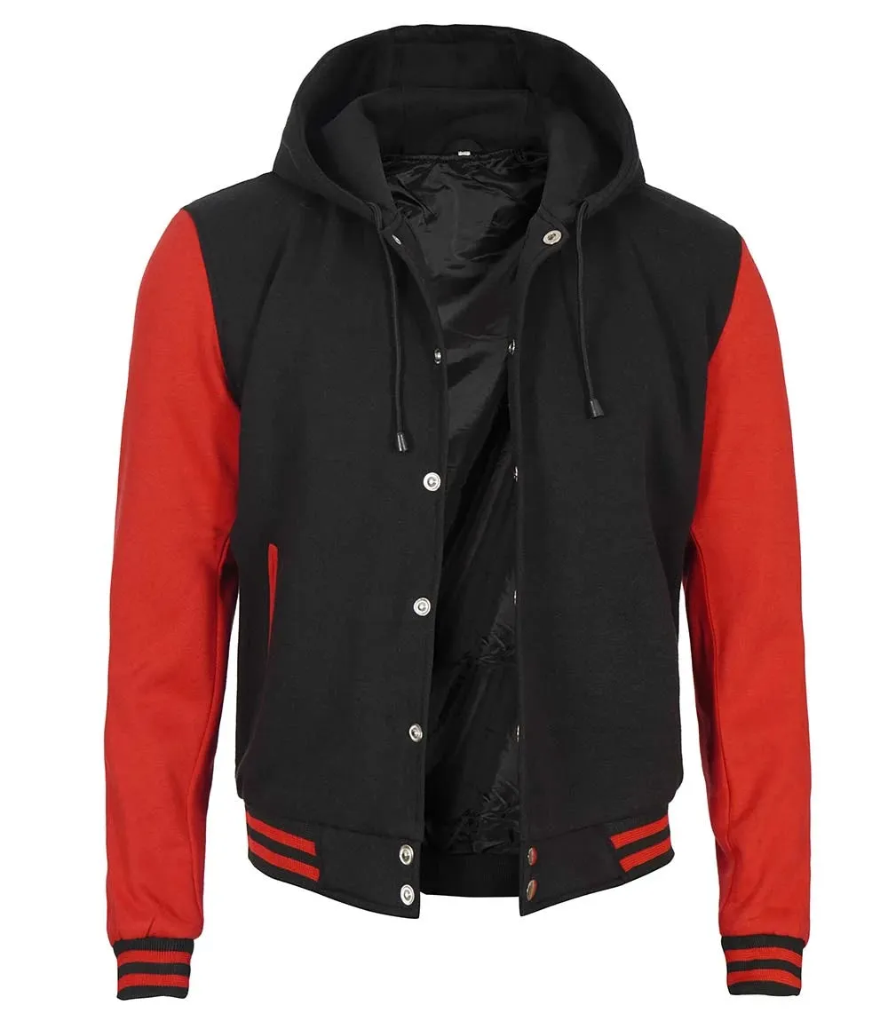 Men's Red and Black Hooded Lettermen Jacket