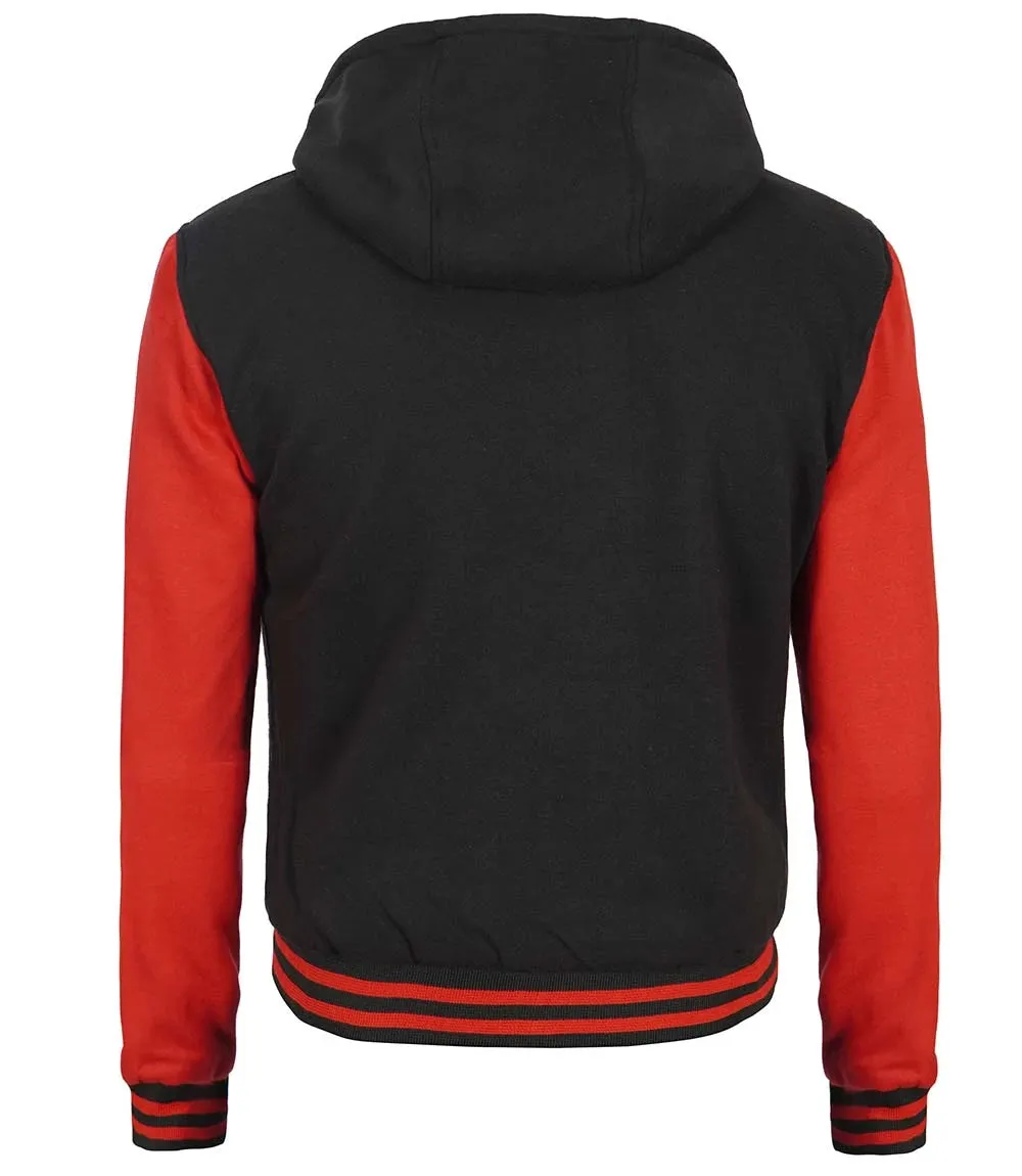 Men's Red and Black Hooded Lettermen Jacket