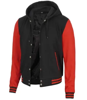 Men's Red and Black Hooded Lettermen Jacket