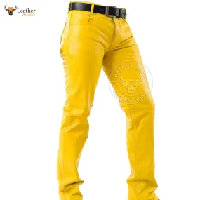 Mens Yellow Cowhide Leather Sleek and Sexy 501 Style Jeans BLUF Pants Bikers Trousers