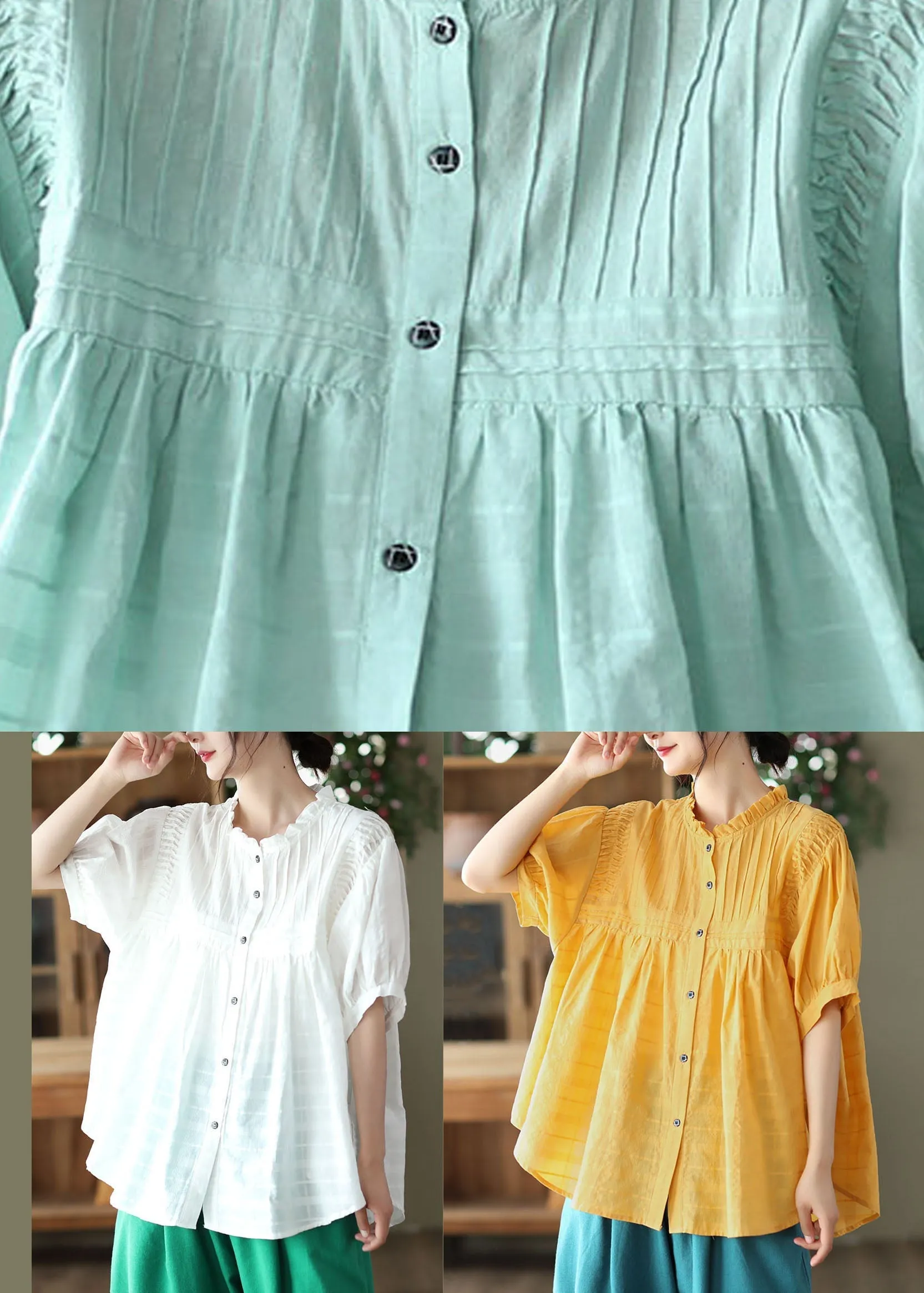 Natural White Wrinkled Button Patchwork Cotton Blouses Summer LY6190