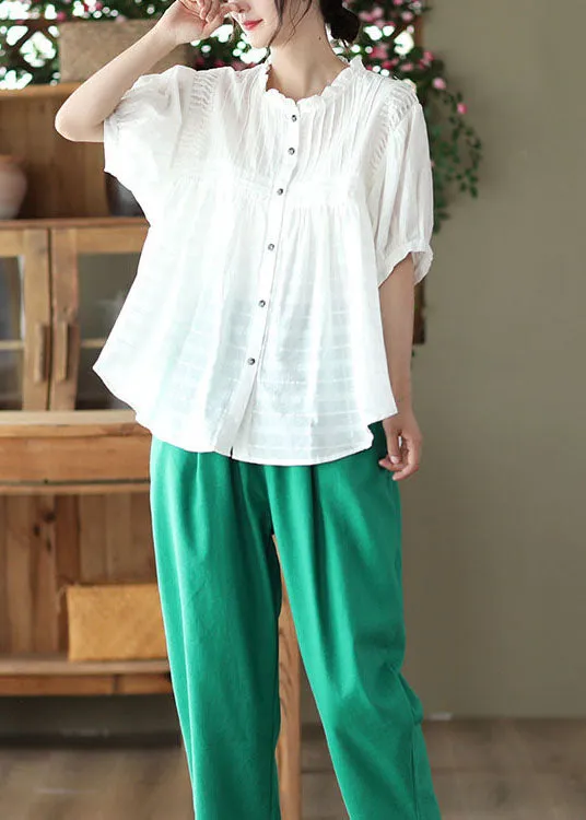 Natural White Wrinkled Button Patchwork Cotton Blouses Summer LY6190