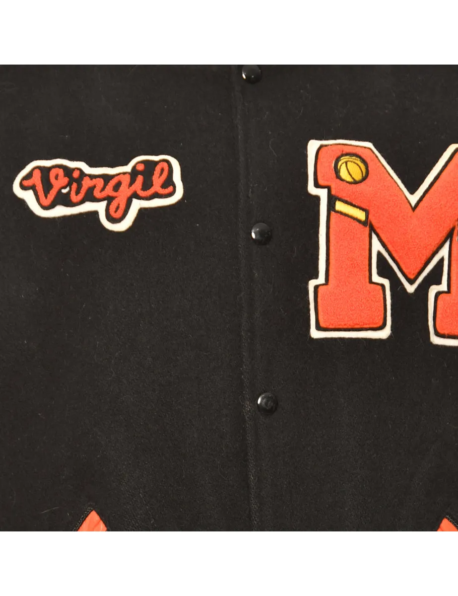 Orange & Black Virgil Brown Applique Design Varsity Jacket - L