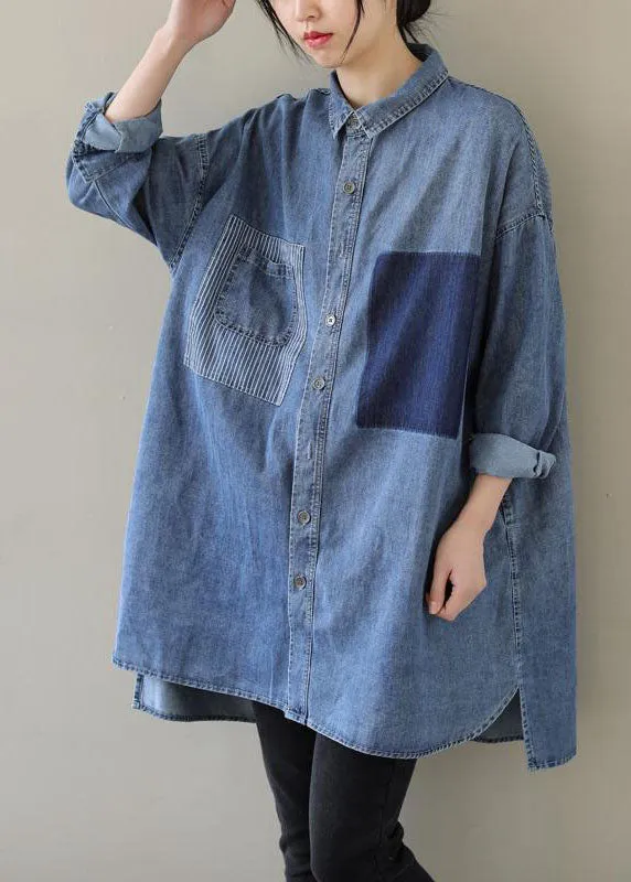 Organic Blue Peter Pan Collar Casual denim Blouses Spring