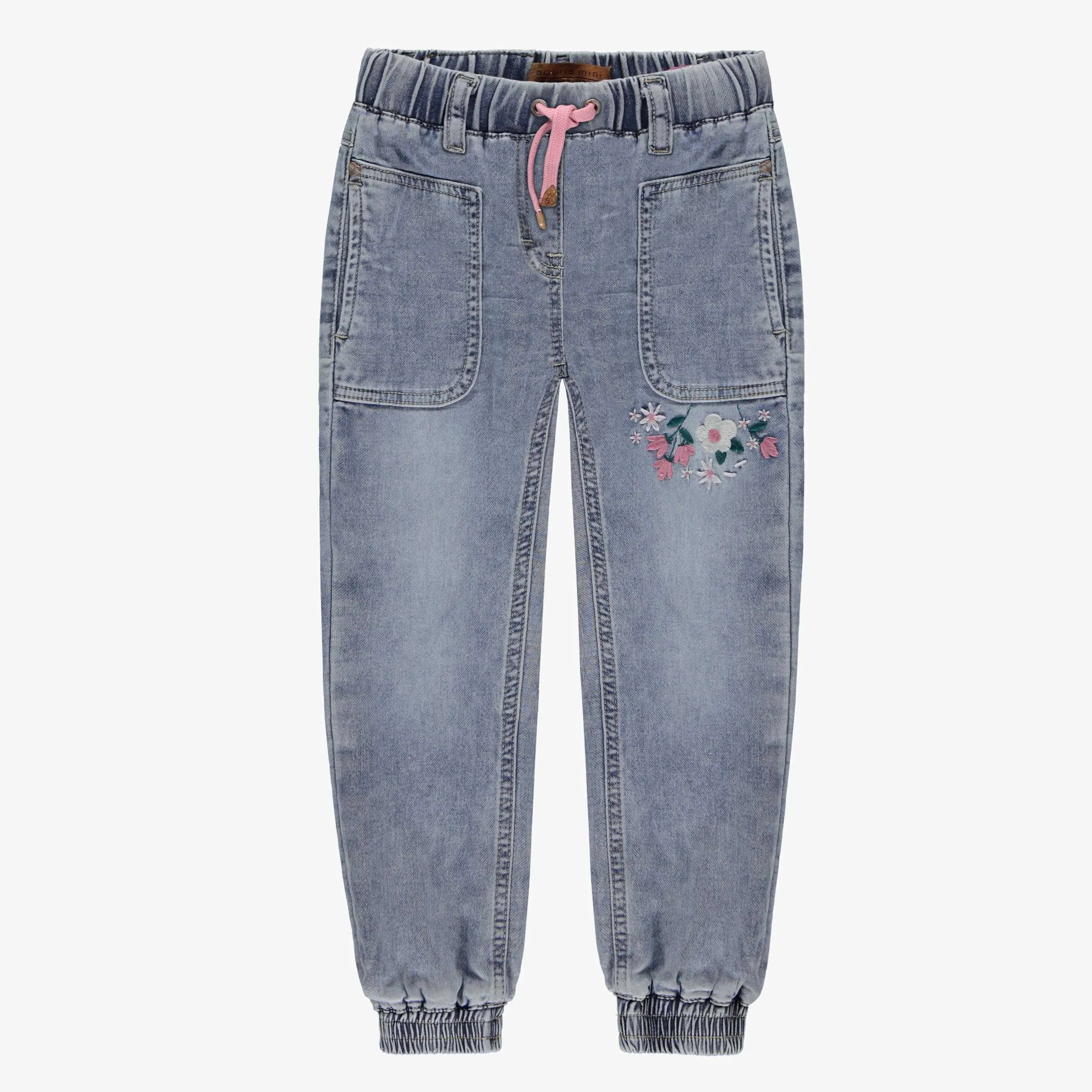 Pantalon en denim bleu moyen avec broderies, enfant || Medium blue denim pants with embroidery, child