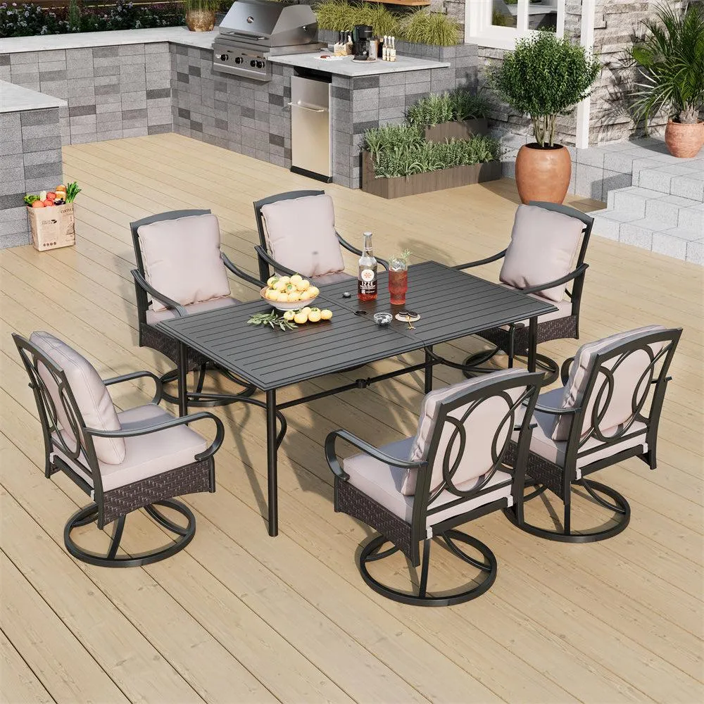 PHI VILLA 7-Piece Patio Dining Set With 6 Cushioned Steel & Rattan Chairs and Rectangle Table