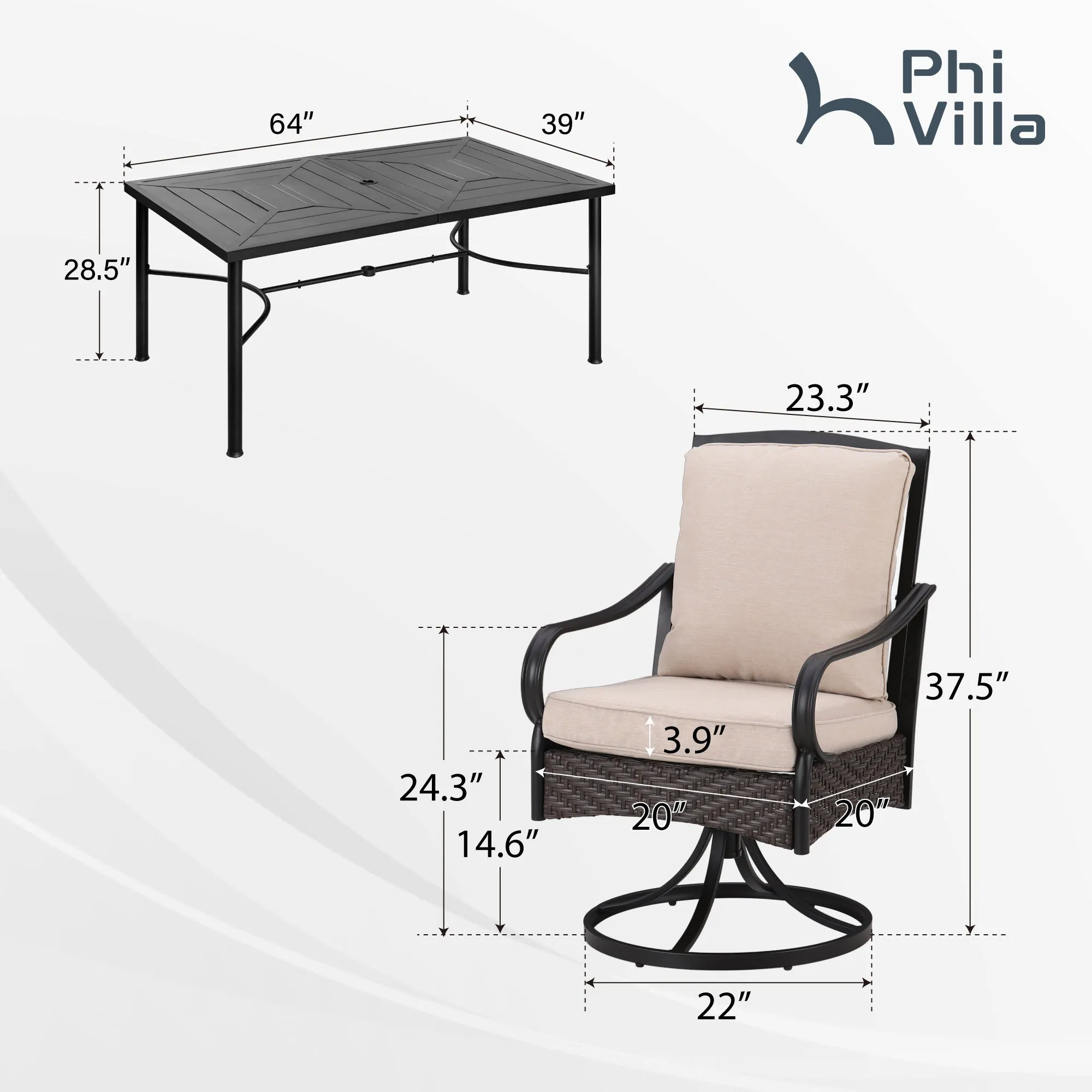 PHI VILLA 7-Piece Patio Dining Set With 6 Cushioned Steel & Rattan Chairs and Rectangle Table