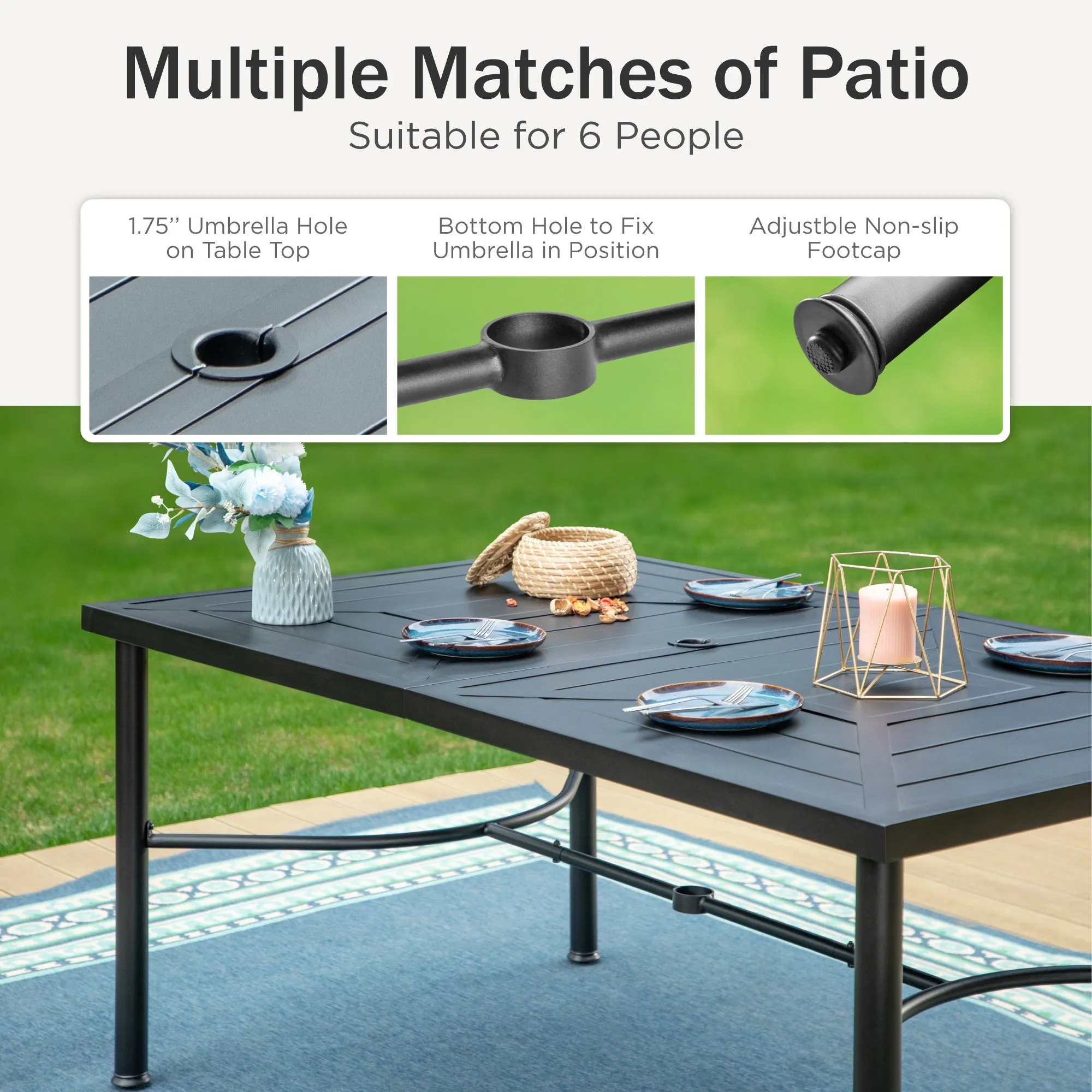 PHI VILLA 7-Piece Patio Dining Set With 6 Cushioned Steel & Rattan Chairs and Rectangle Table