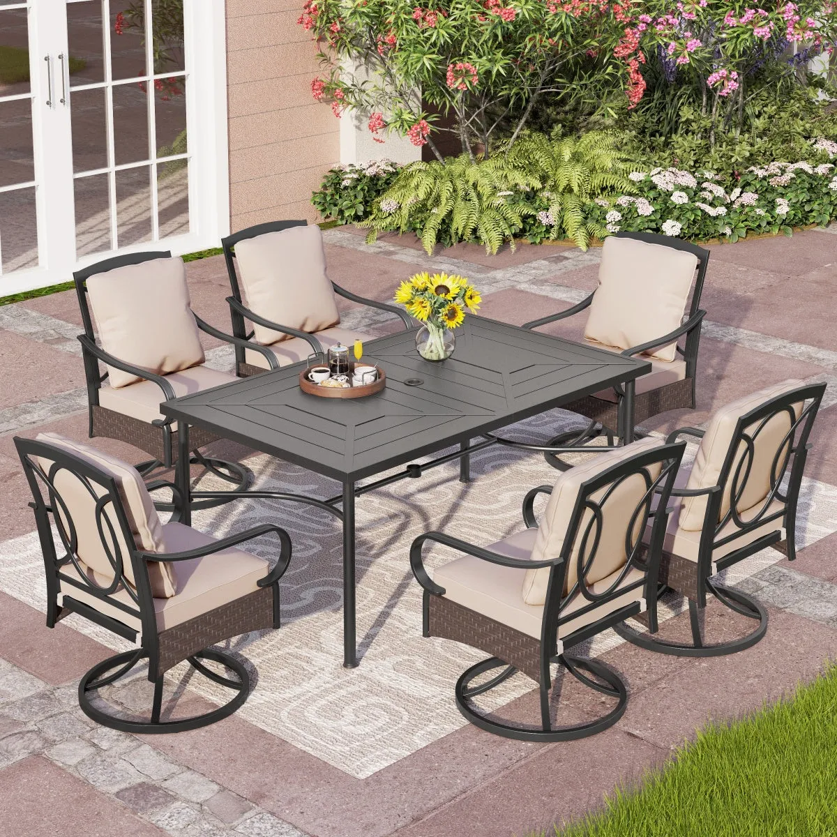 PHI VILLA 7-Piece Patio Dining Set With 6 Cushioned Steel & Rattan Chairs and Rectangle Table