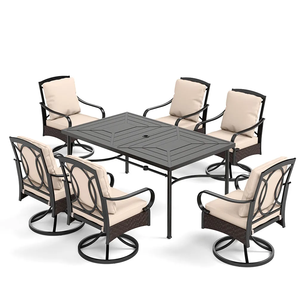 PHI VILLA 7-Piece Patio Dining Set With 6 Cushioned Steel & Rattan Chairs and Rectangle Table