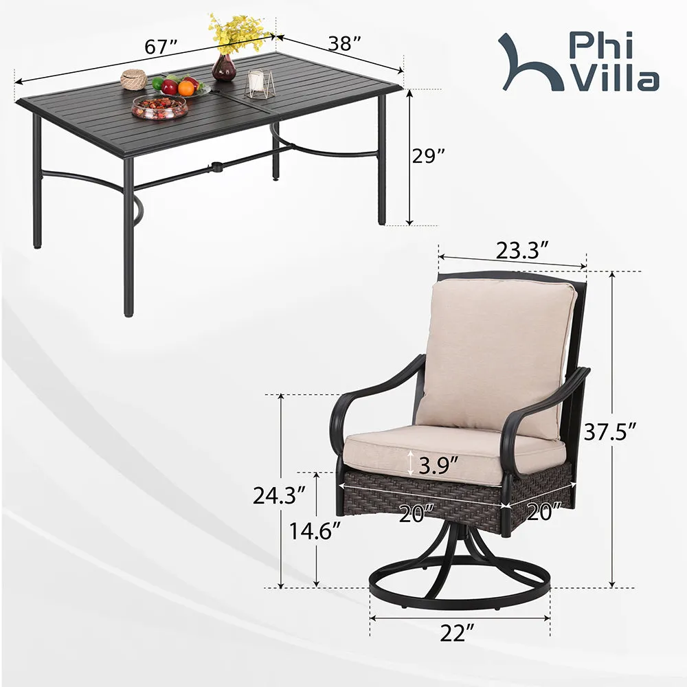 PHI VILLA 7-Piece Patio Dining Set With 6 Cushioned Steel & Rattan Chairs and Rectangle Table