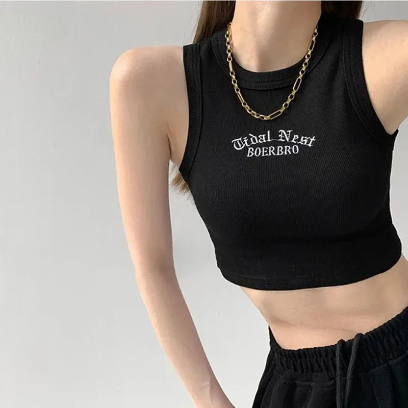 Ribbed Knitted Embroidery Letter Crop Top