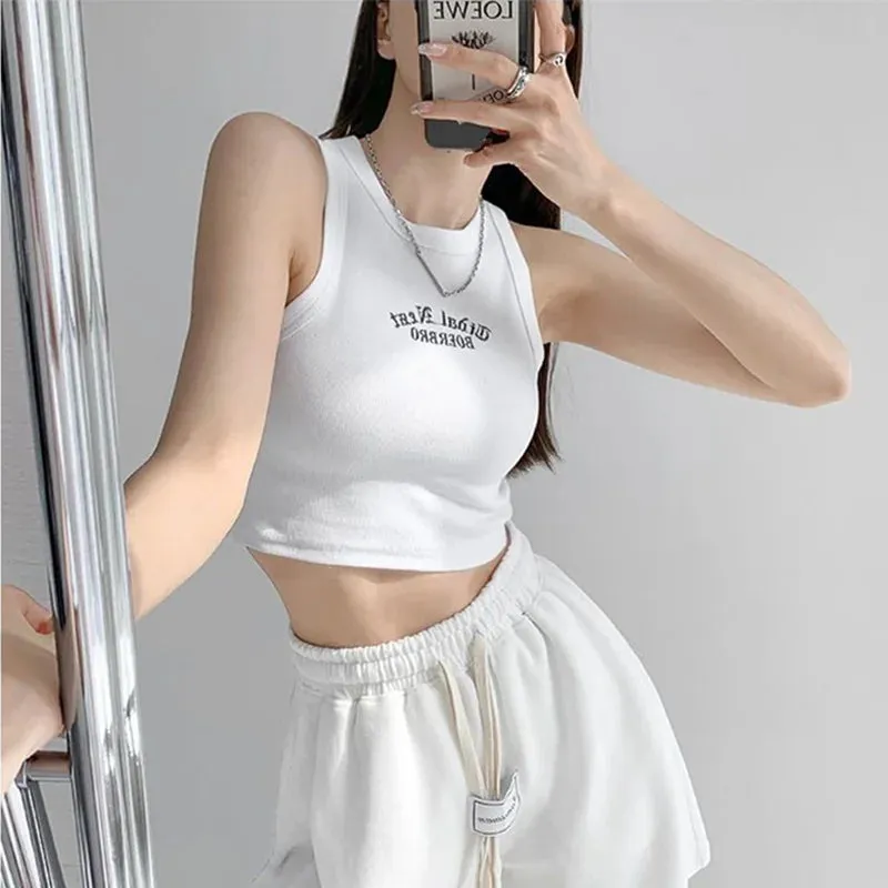 Ribbed Knitted Embroidery Letter Crop Top