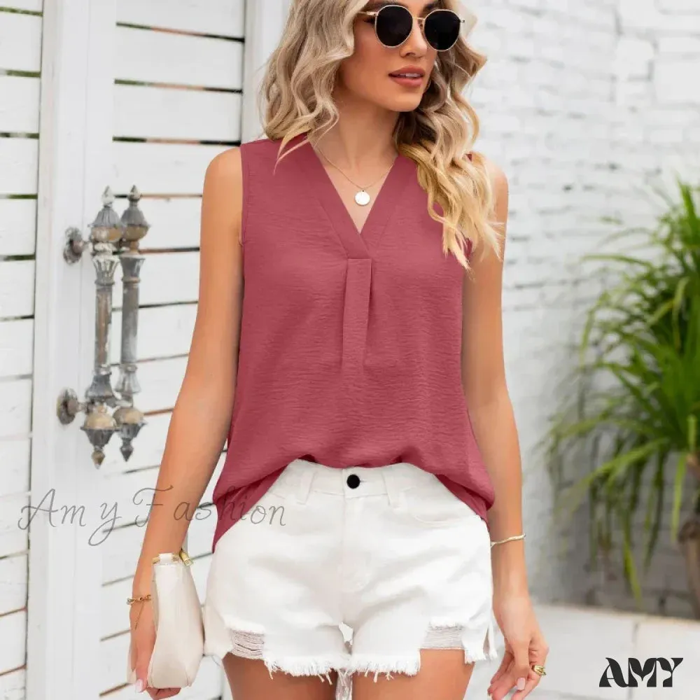 Solid Casual Loose Sleeveless Elegant Female Summer Tops Blouses