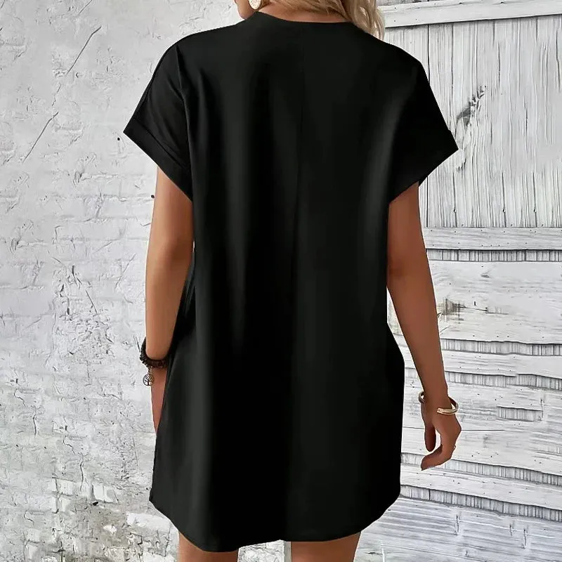 Summer Women's Color Short Sleeve Pocket Loose Mini Dress Blouse