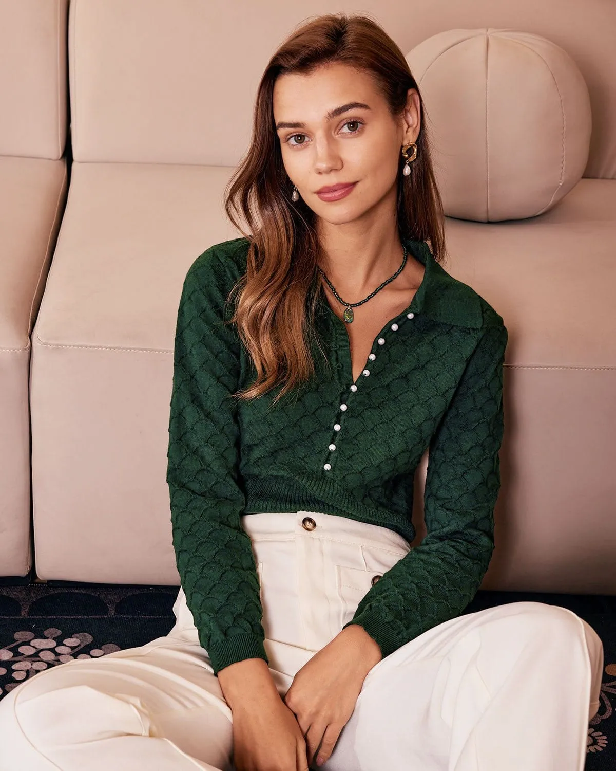 The Dark Green Lapel Ribbed Textured Knit Top