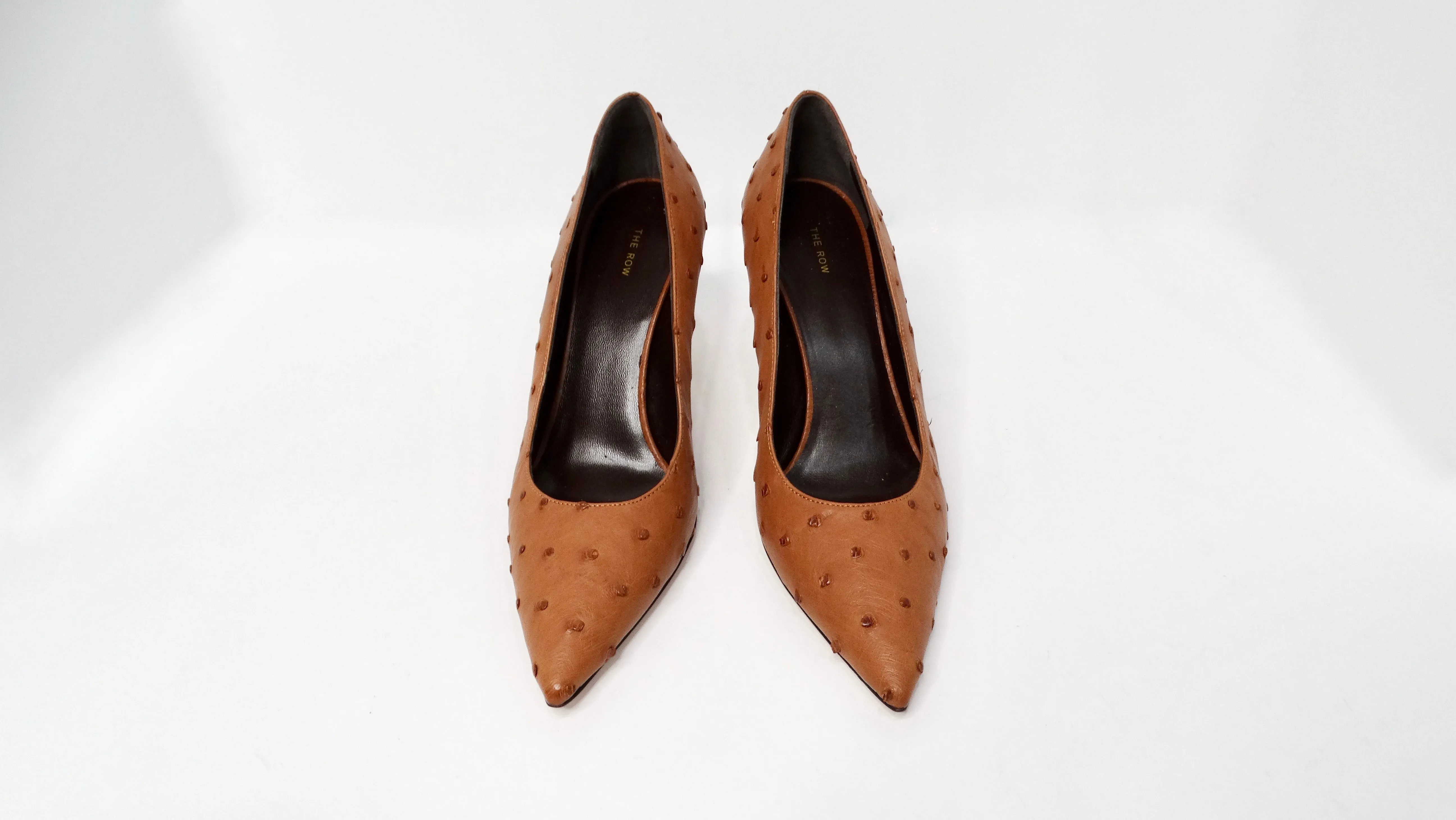 The Row Brown Ostrich Embossed Leather Pumps